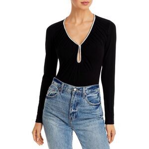 FORE Womens Top Small Black Bodysuit Rhinestone Keyhole VNeck Stretch Bling